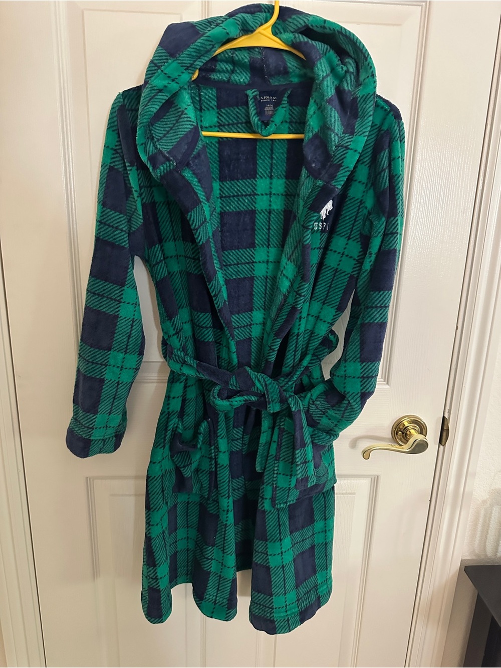 U.S. Polo Assn. Green and Navy Plaid Plush Hooded Robe